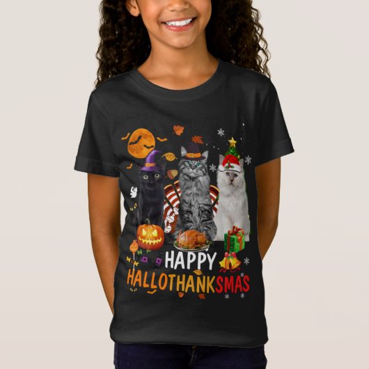 Schattigee Kat Halloween Vrolijk Kerstfeest Gelukk T-shirt (Voorkant)
