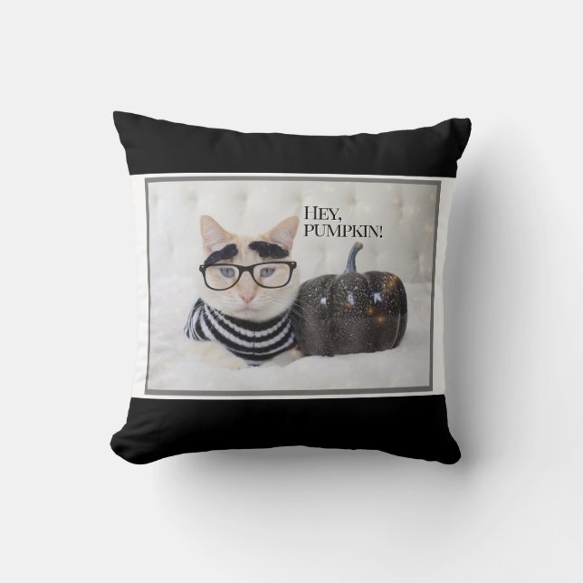 Schattigee kat "Hey Pumpkin" Halloween Kussen (Voorkant)