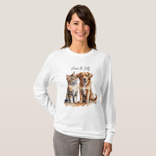 Schattigee Kat & Hond Waterverf T-shirt (Voorkant volledig)