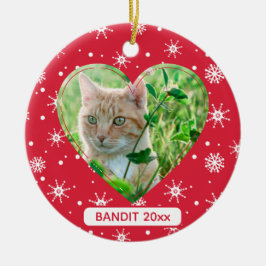 Schattigee kat huisdier foto sneeuwvlok rode kerst keramisch ornament
