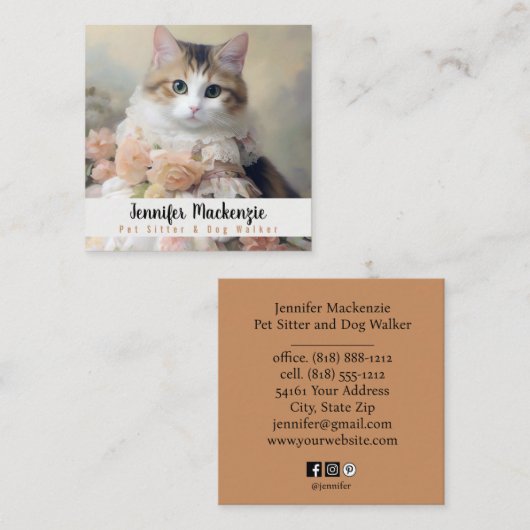 Schattigee kat huisdier sitter en hond walker vierkante visitekaartje (Voorkant / Achterkant)