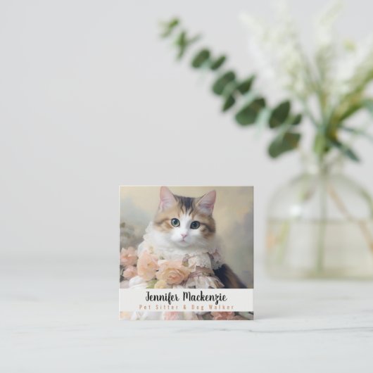 Schattigee kat huisdier sitter en hond walker vierkante visitekaartje (Staand voorkant)