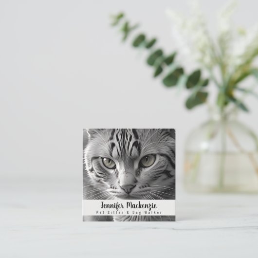Schattigee kat huisdier sitter en hond walker vierkante visitekaartje (Staand voorkant)