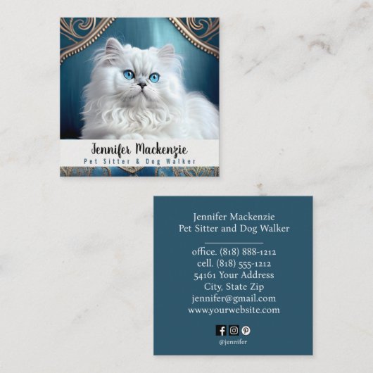 Schattigee kat huisdier sitter en hond walker vierkante visitekaartje (Voorkant / Achterkant)