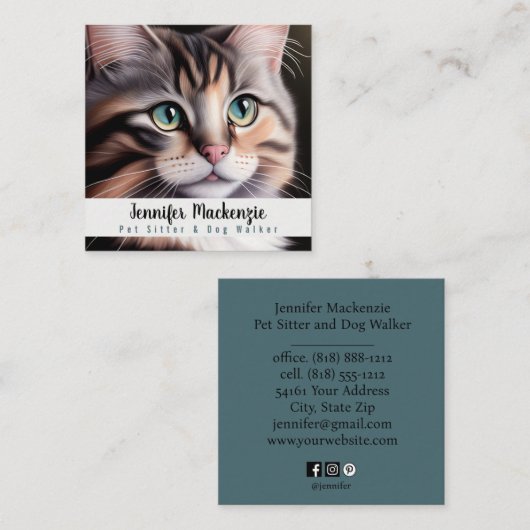 Schattigee kat huisdier sitter en hond walker vierkante visitekaartje (Voorkant / Achterkant)