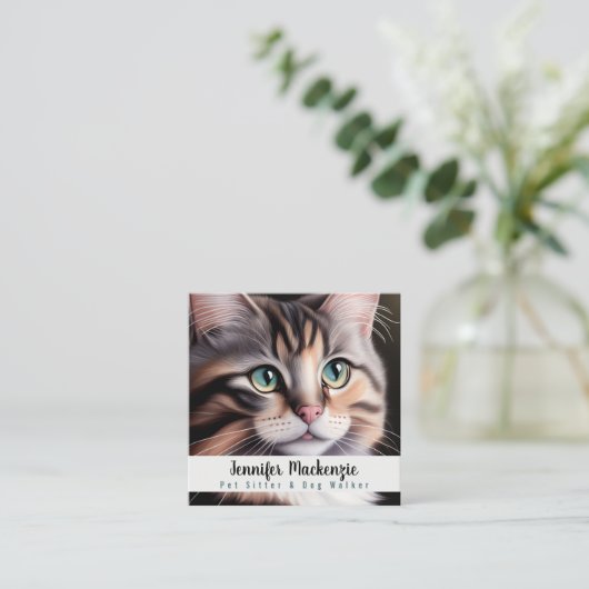 Schattigee kat huisdier sitter en hond walker vierkante visitekaartje (Staand voorkant)