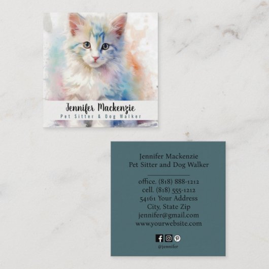 Schattigee kat huisdier sitter en hond walker vierkante visitekaartje (Voorkant / Achterkant)