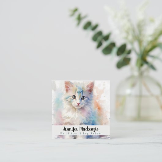 Schattigee kat huisdier sitter en hond walker vierkante visitekaartje (Staand voorkant)
