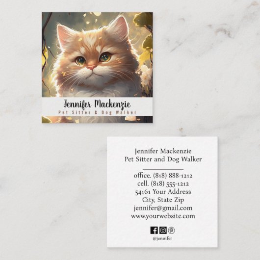 Schattigee kat huisdier sitter en hond walker vierkante visitekaartje (Voorkant / Achterkant)