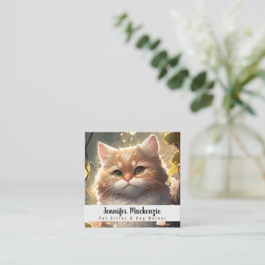 Schattigee kat huisdier sitter en hond walker vierkante visitekaartje (Staand voorkant)