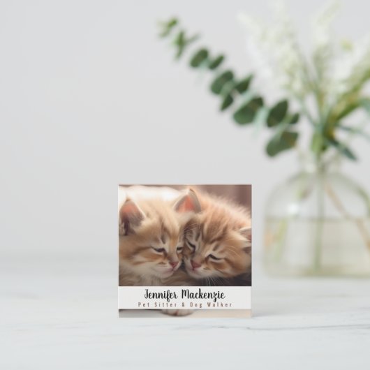 Schattigee kat huisdier sitter en hond walker vierkante visitekaartje (Staand voorkant)