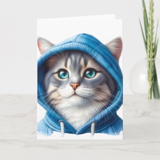 Schattigee kat in blauwe hoodie Schattige kitten k Kaart (Voorkant)