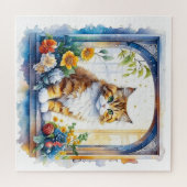 Schattigee kat in bloemenvenster legpuzzel (Horizontaal)