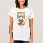 Schattigee kat in bril en schooluniform t-shirt (Voorkant)