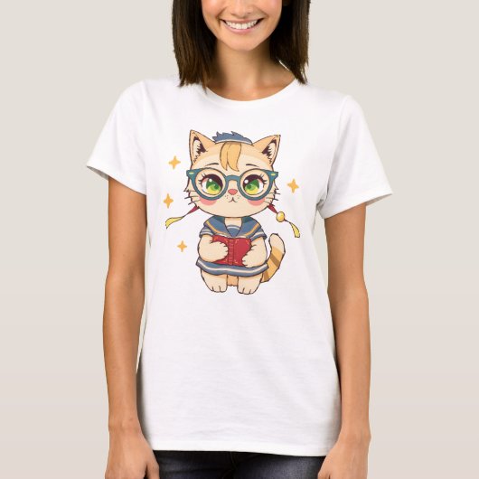 Schattigee kat in bril en schooluniform t-shirt (Voorkant)