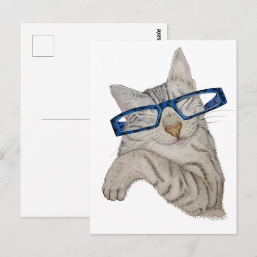 Schattigee kat in bril met de hand getekend briefkaart (Voorkant / Achterkant)