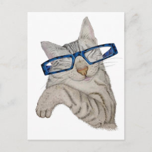 Schattigee kat in bril met de hand getekend briefkaart