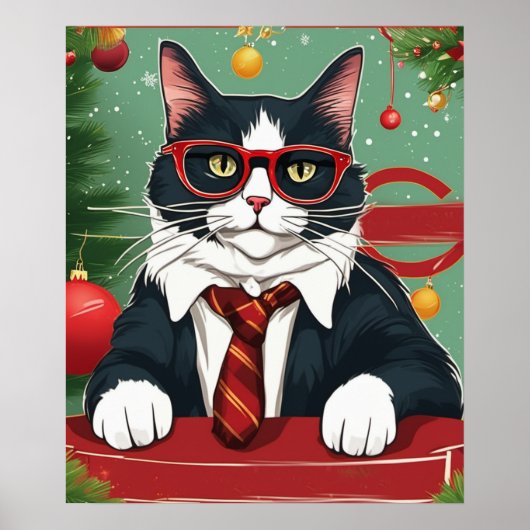 Schattigee kat in een pak Grappige kerst Poster (Voorkant)