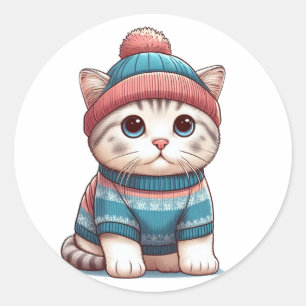 Schattigee Kat in een trui en muts Ronde Sticker