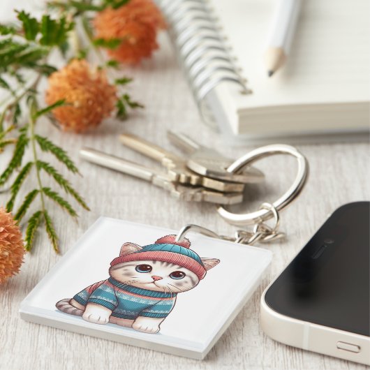Schattigee Kat in een trui en muts Sleutelhanger (Voorkant Rechts)