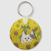 Schattigee kat in een zonnebloemveld sleutelhanger (Voorkant)