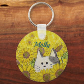 Schattigee kat in een zonnebloemveld sleutelhanger (Voorkant)