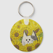 Schattigee kat in een zonnebloemveld sleutelhanger (Achterkant)