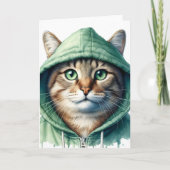 Schattigee kat in groene hoodie Grappig Gezellig K Kaart (Voorkant)