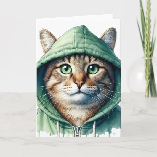 Schattigee kat in groene hoodie Grappig Gezellig K Kaart (Voorkant)