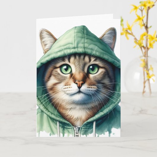 Schattigee kat in groene hoodie Grappig Gezellig K Kaart (Gele Bloem)