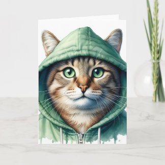 Schattigee kat in groene hoodie Grappig Gezellig K Kaart