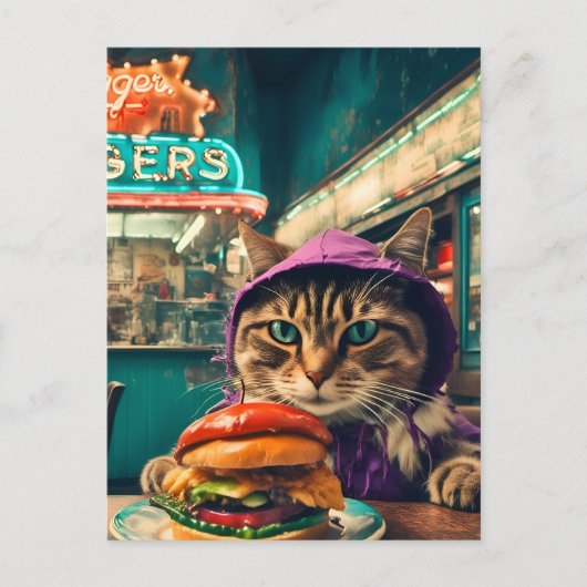 Schattigee kat in het diner met een cheeseburger briefkaart (Voorkant)