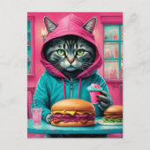 Schattigee kat in het diner met een cheeseburger f briefkaart (Voorkant)