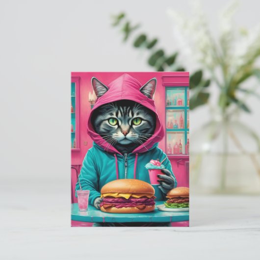 Schattigee kat in het diner met een cheeseburger f briefkaart (Staand voorkant)