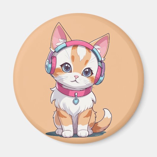 Schattigee kat in hoofdtelefoon chique magneet (Voorkant)