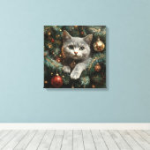 Schattigee kat in kerstboom canvas afdruk (Insitu (Houten vloer))