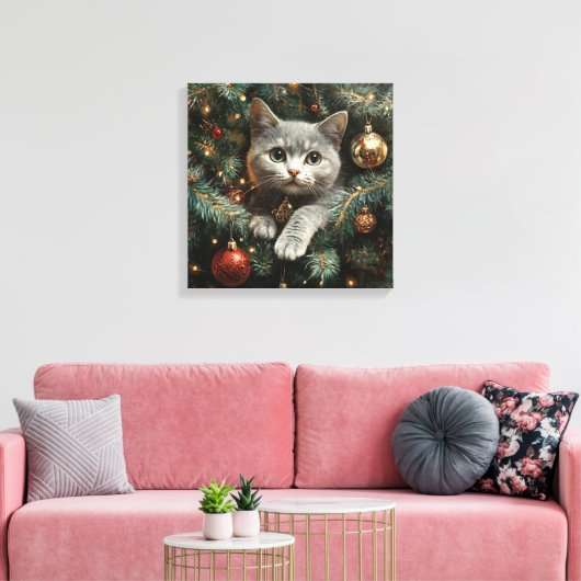 Schattigee kat in kerstboom canvas afdruk (Insitu (Woonkamer))