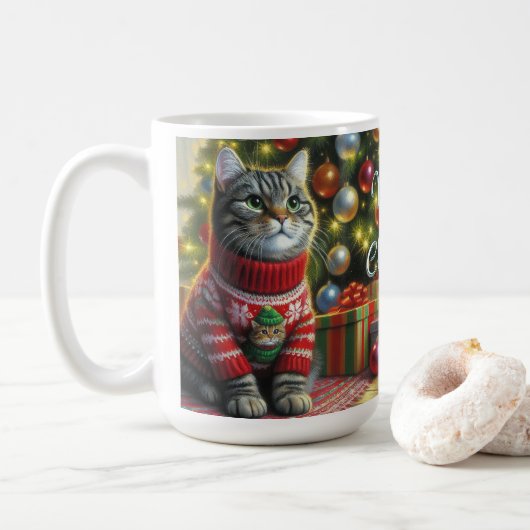 Schattigee kat in kersttrui koffiemok (Met donut)
