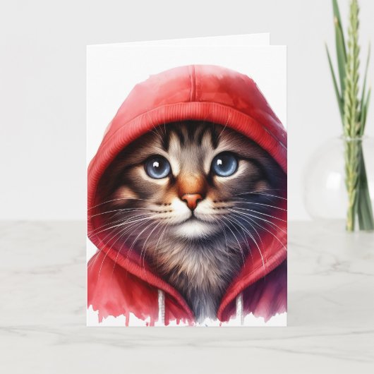 Schattigee kat in rode hoodie Waterverf Groet Kaart (Voorkant)