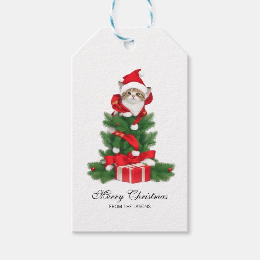 Schattigee kat in rode kerstmuts gepersonaliseerd cadeaulabel (Voorkant)