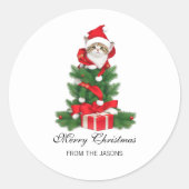 Schattigee kat in rode kerstmuts gepersonaliseerd ronde sticker (Voorkant)
