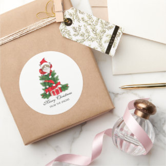 Schattigee kat in rode kerstmuts gepersonaliseerd ronde sticker