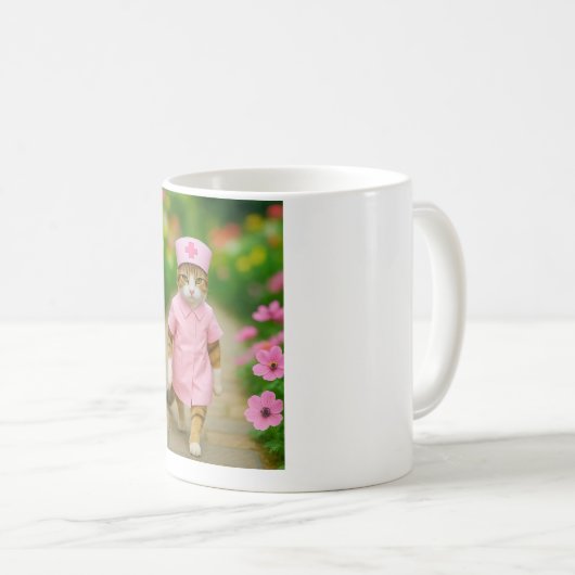 Schattigee kat in roze verpleegster uniform koffie koffiemok (Voorkant rechts)