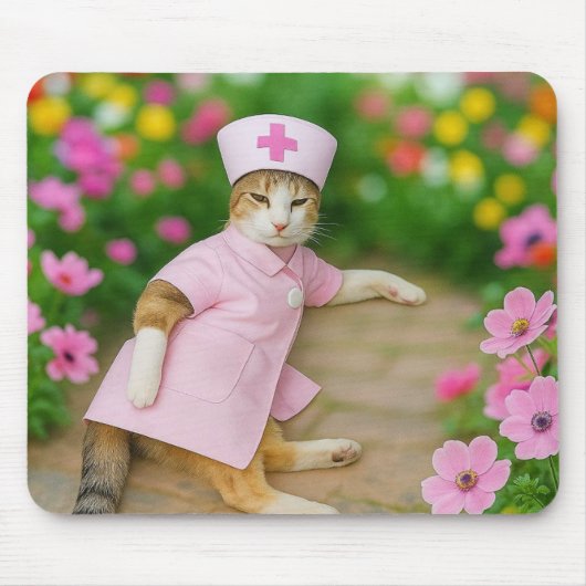 Schattigee kat in roze verpleeguniform mousepad muismat (Voorkant)
