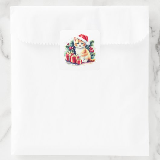 Schattigee kat in Santa Hat Vierkante Sticker (Tas)