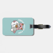 Schattigee kat in sneeuwspullen met sneeuwpopkunst bagagelabel (Achterkant horizontaal)