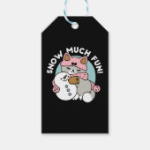 Schattigee kat in sneeuwspullen met sneeuwpopkunst cadeaulabel (Voorkant)