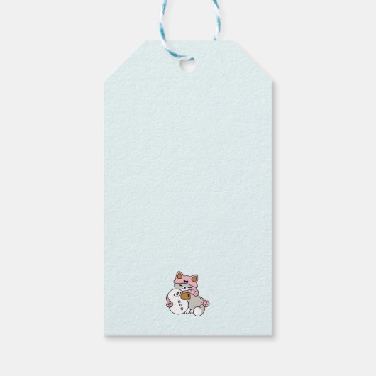 Schattigee kat in sneeuwspullen met sneeuwpopkunst cadeaulabel (Achterkant)