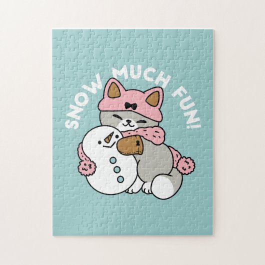 Schattigee kat in sneeuwspullen met sneeuwpopkunst legpuzzel (Verticaal)