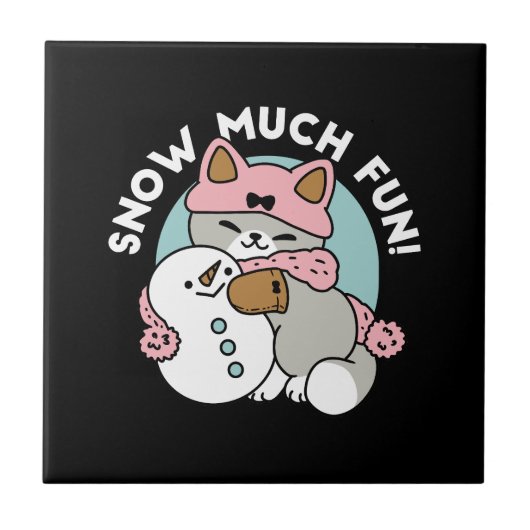 Schattigee kat in sneeuwspullen met sneeuwpopkunst tegeltje (Voorkant)